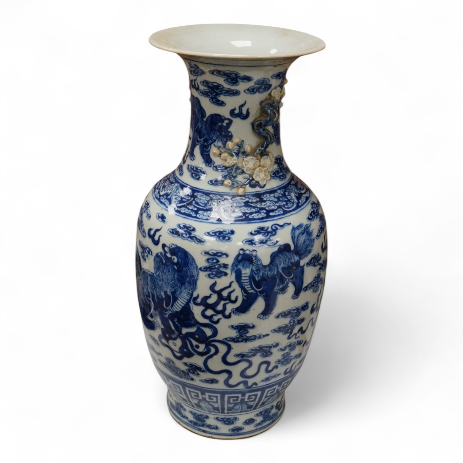 A Chinese baluster vase, painted with Buddhist lions in underglaze blue, 45cm high
